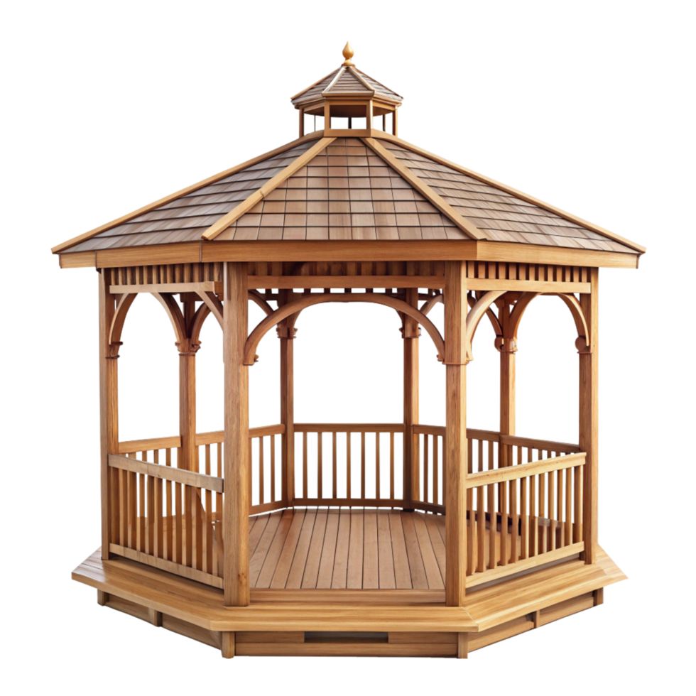Octagonal Wooden Gazebo with Shingle Roof and Wooden Railings for Garden or Backyard png