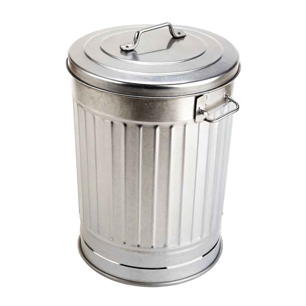 A shiny metal trash can with a lid and handles for easy waste disposal png