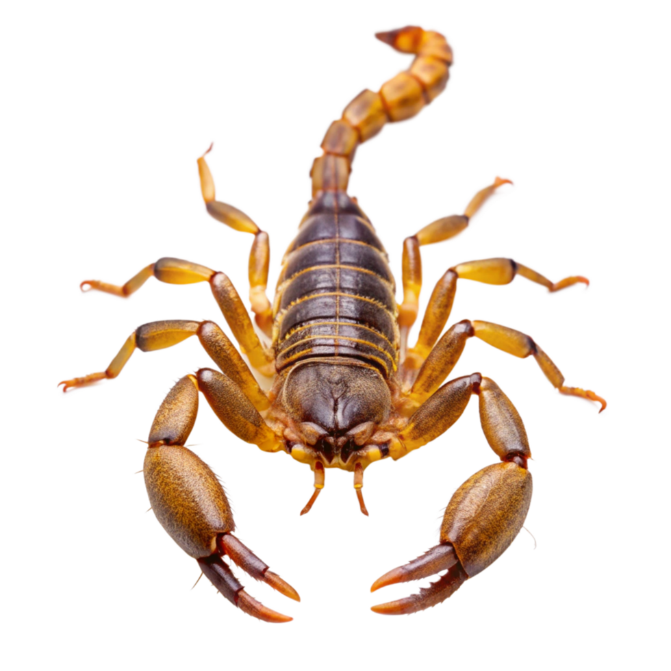 Closeup of a Golden Brown Scorpion with Detailed Anatomy and Sharp Claws on Black Background png