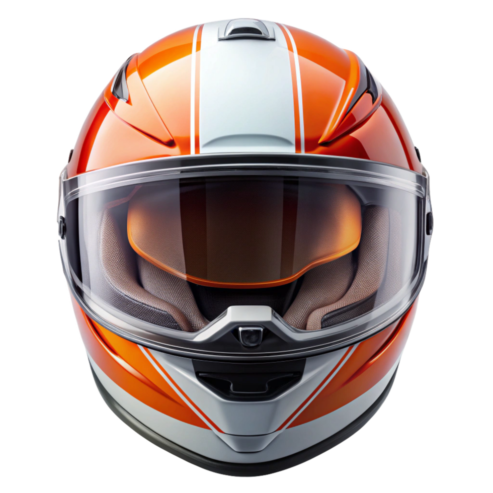 Closeup of a Glossy Orange and White Racing Motorcycle Helmet with Clear Visor png