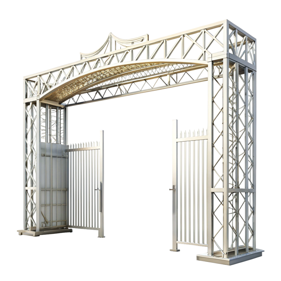 Elegant Metal Entrance Gate with Ornate Archway and Double Swing Gates png
