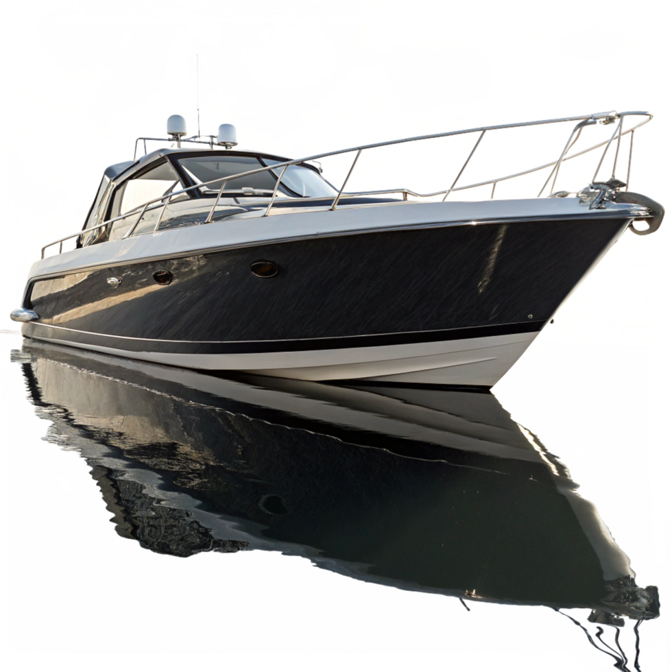 Sleek Black Luxury Motor Yacht Floating on Calm Water Reflection png