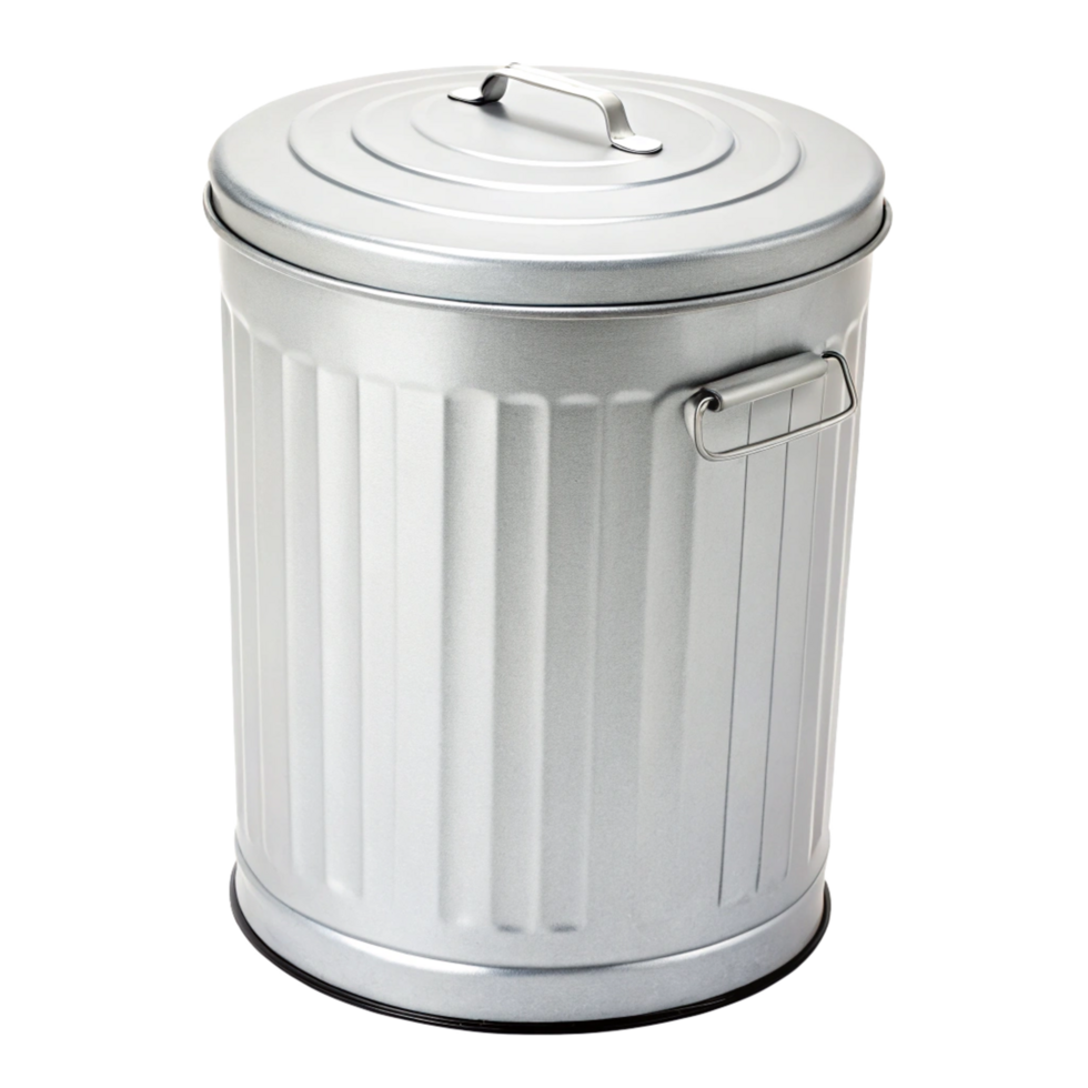 A shiny metal trash can with a lid and handle for waste disposal png