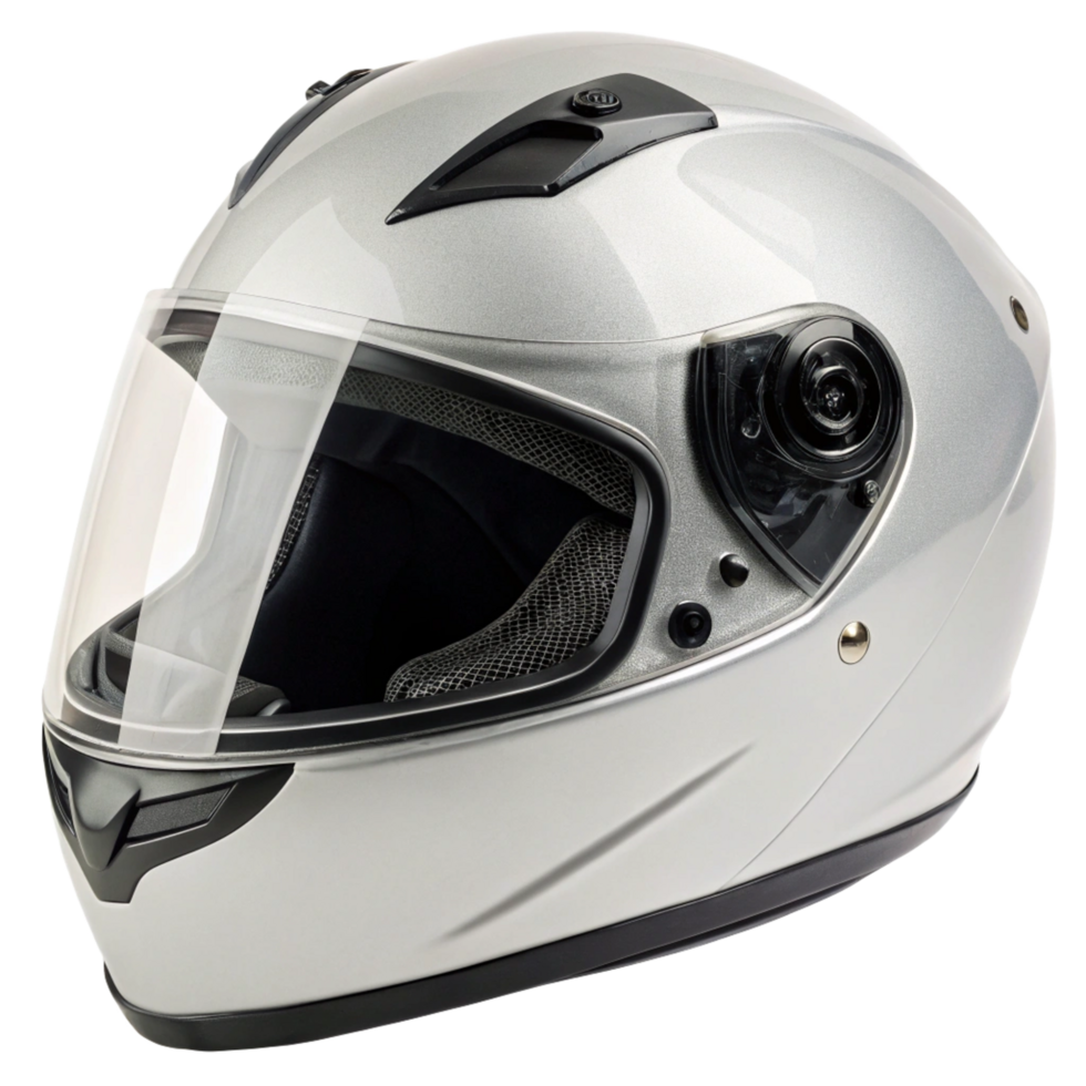 Sleek Silver Motorcycle Helmet with Clear Visor and Protective Features png