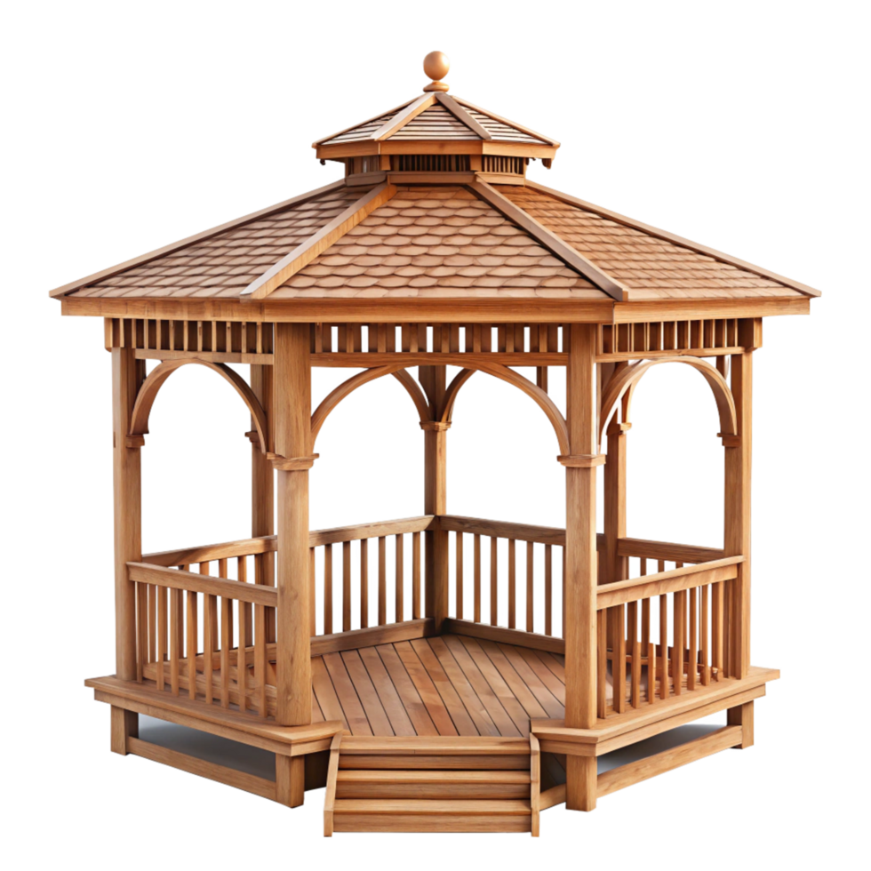 Beautiful Wooden Hexagonal Gazebo with Shingle Roof and Steps png