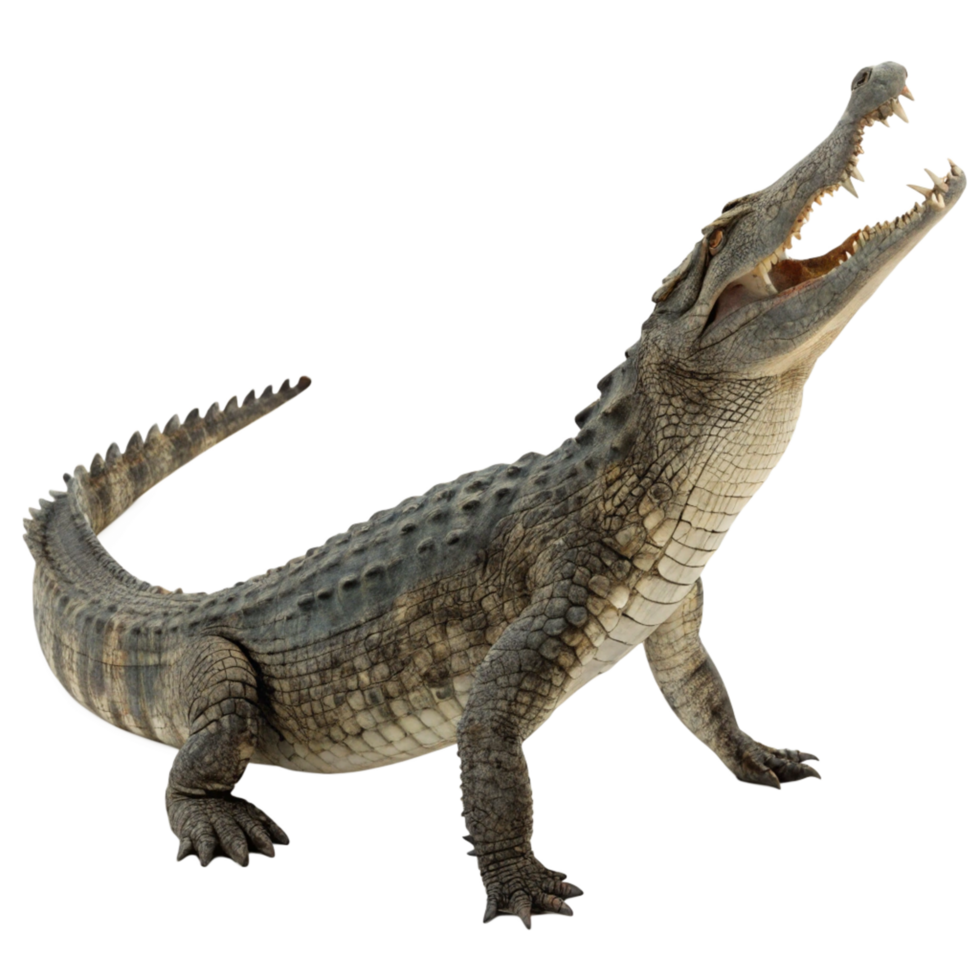 A magnificent specimen of a young crocodile showcasing its powerful jaws and textured skin against a black background png