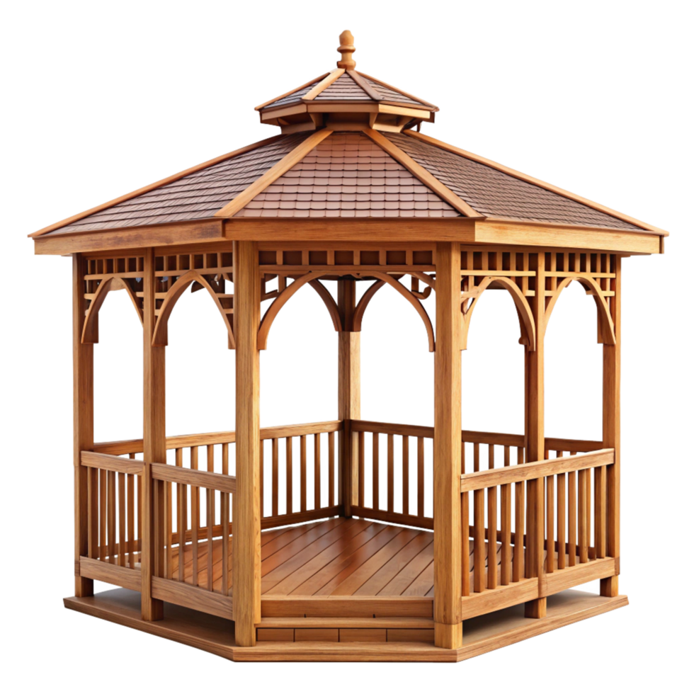 Elegant Wooden Octagonal Gazebo with Shingle Roof and Detailed Carpentry png