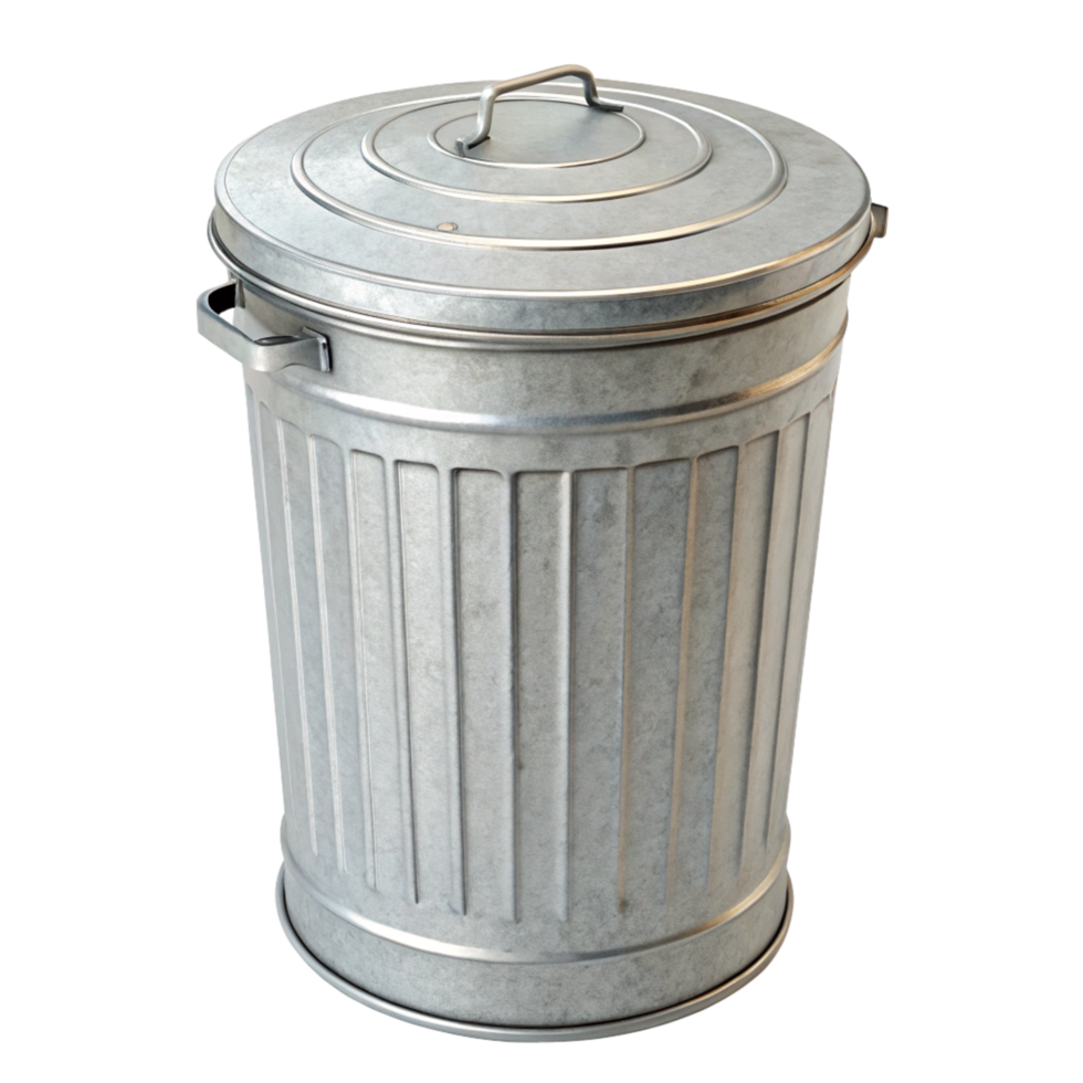 A Detailed View of a Galvanized Steel Trash Can with a Lid and Handles png