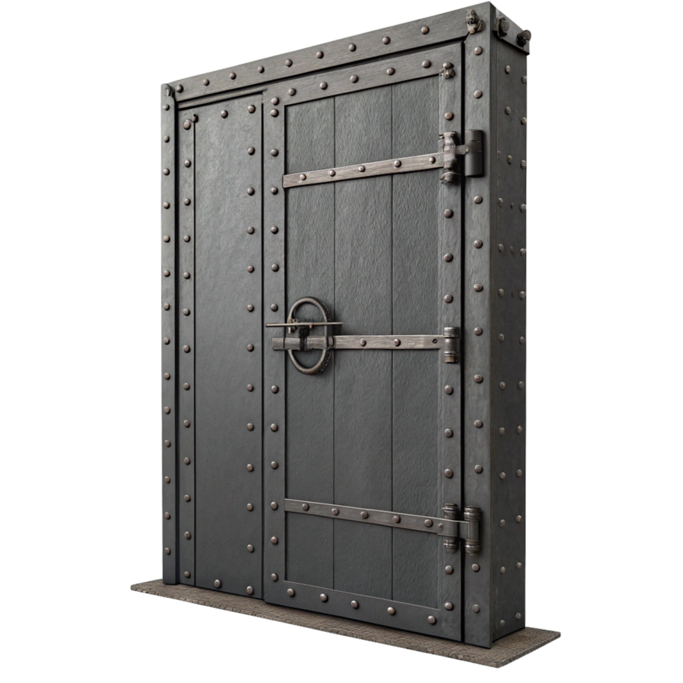 A Majestic Gray Metal Door with Decorative Rivets and Hinges png