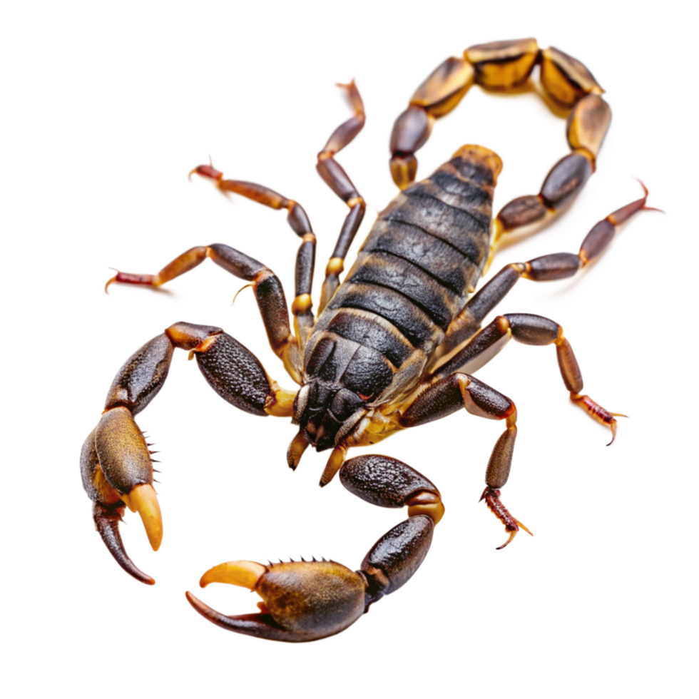 Detailed Closeup of a Striking Brown Scorpion Specimen with Visible Segmentation and Powerful Claws png