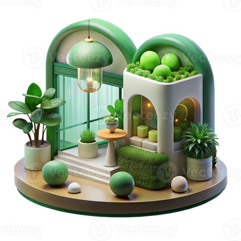 vibrant creative Biophilic architecture, natural elements, green walls, soft light, sustainable design high resolution png