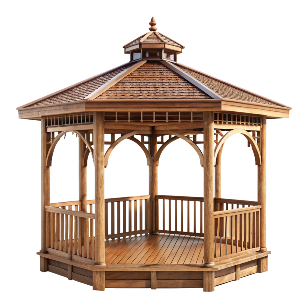 Hexagonal Wooden Gazebo with Shingle Roof and Elegant Design for Garden or Backyard png