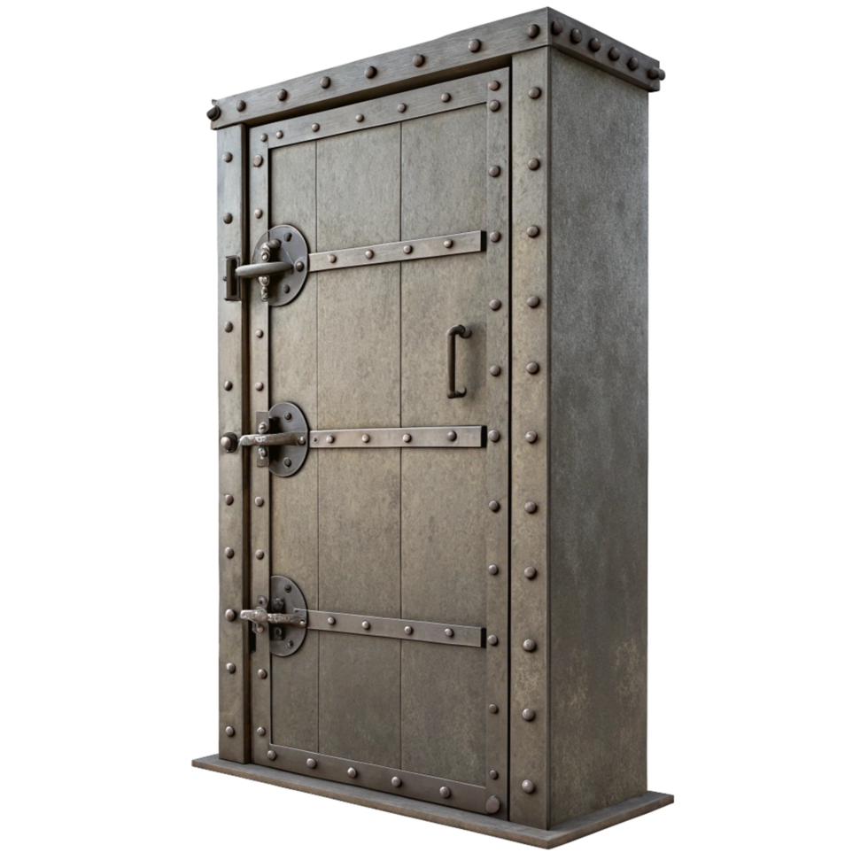 A Sturdy Metal Door with Decorative Rivets and Ironwork Accents png