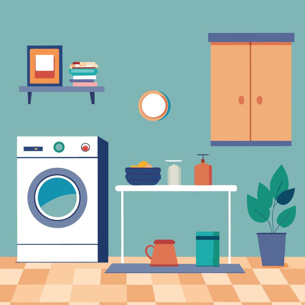 Minimalist Laundry Room with White Front Loading Washing Machine vector