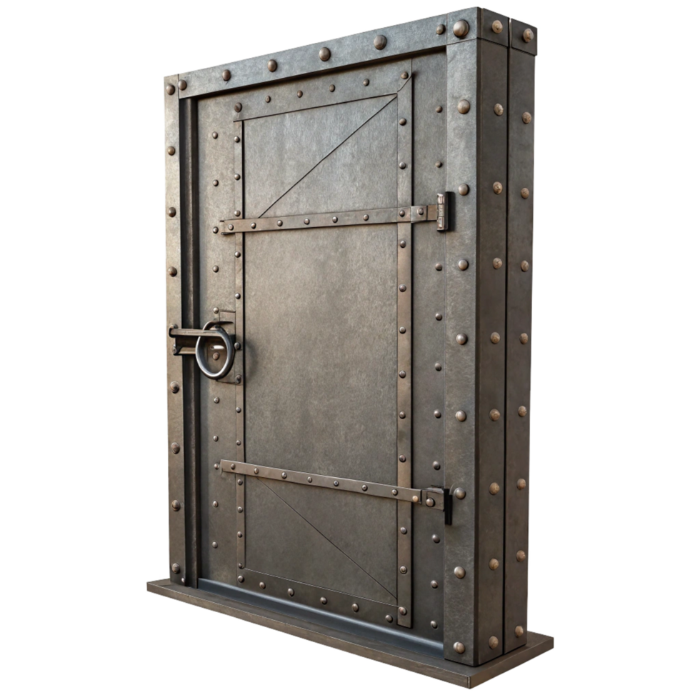 A Sturdy Metal Door with Decorative Rivets and HeavyDuty Hinges png