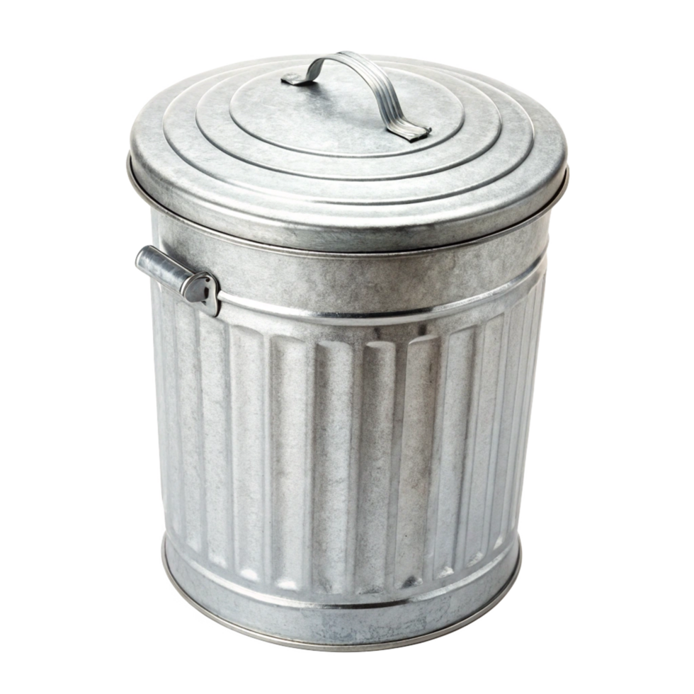 A galvanized metal trash can with a lid and handle png