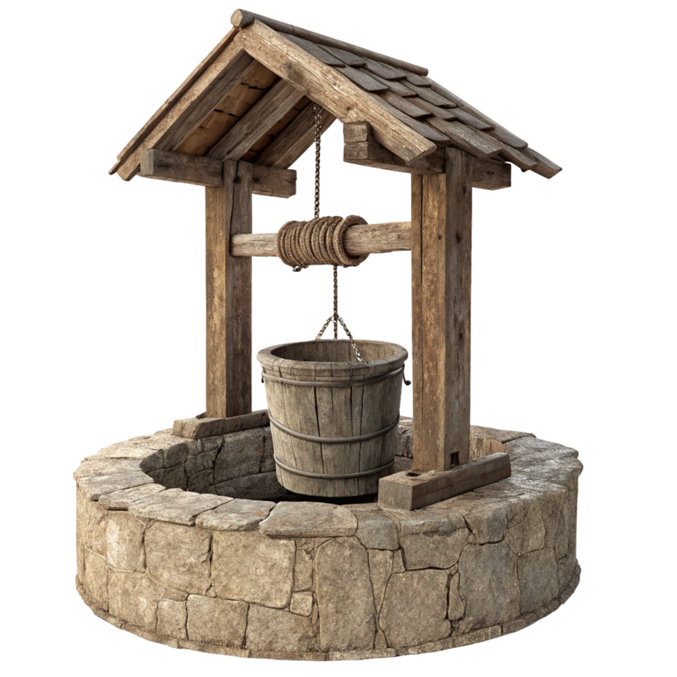 Rustic Wooden Well with Stone Surround and Hanging Bucket png