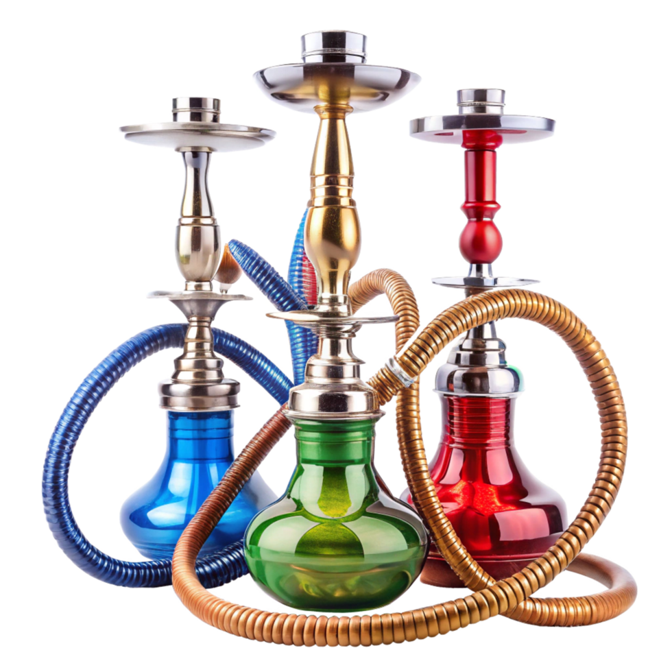Three vibrant hookah pipes with colorful glass bases and metallic accents png
