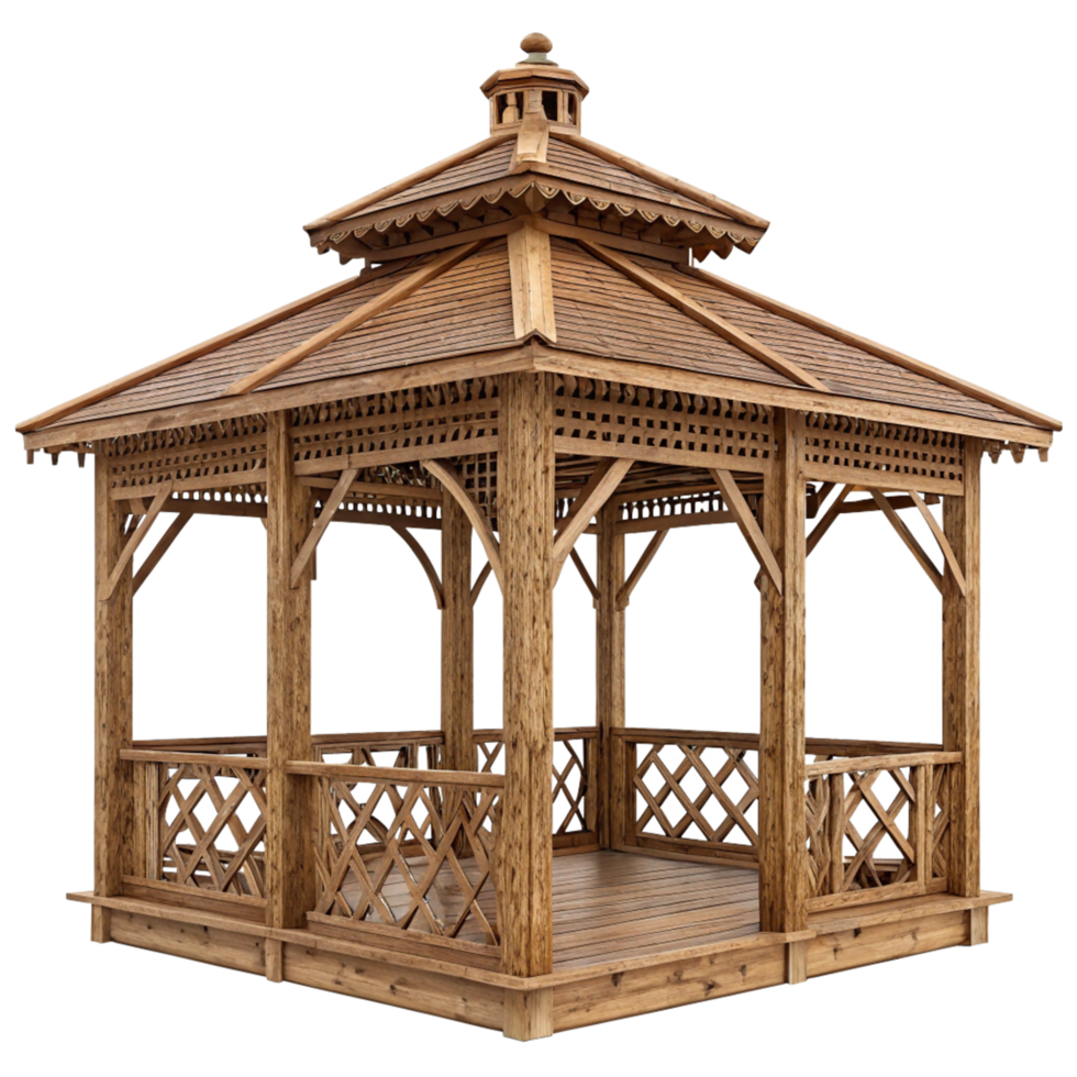 Elegant Wooden Gazebo with Intricate Lattice Detailing and Decorative Roof png