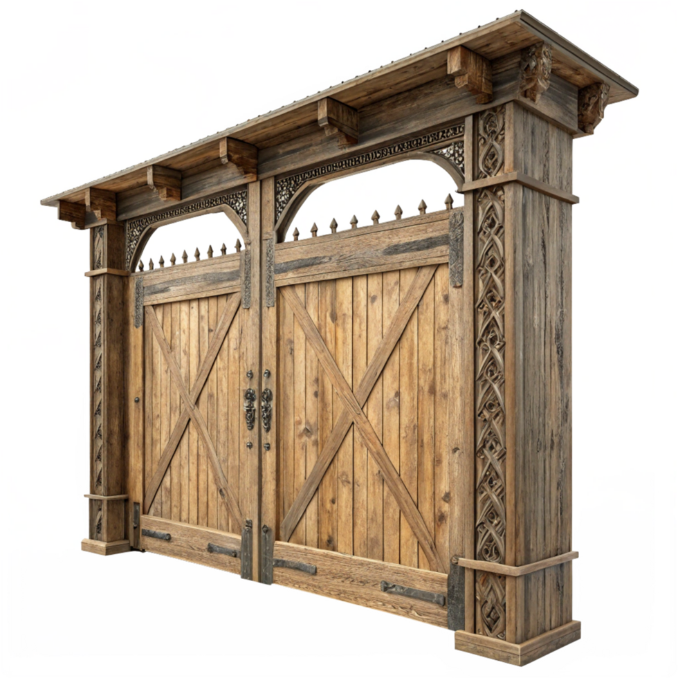 Ornate Wooden Double Gate with Intricate Carvings and Metal Accents png