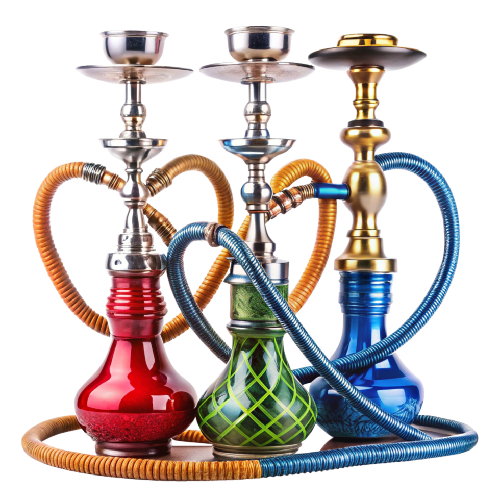 Three Colorful Hookahs on a Tray A Vibrant Display of Hookah Tobacco Pipes png