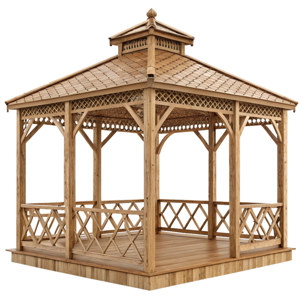 Elegant Wooden Gazebo with Intricate Lattice and XDesign Railings for Garden Relaxation png