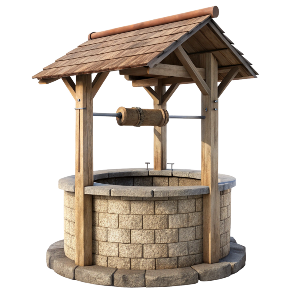A 3D Render of an Old Wooden and Stone Wishing Well with a Shingle Roof png