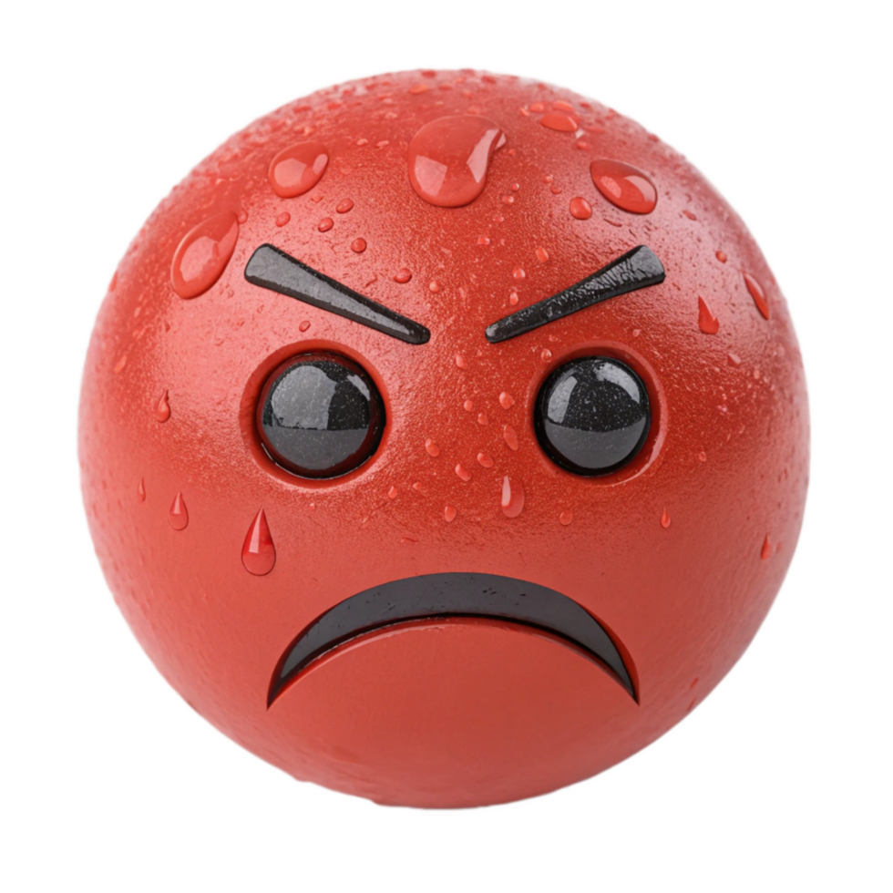 Angry Red Emoticon 3D Render with Sweat Droplets and Frowning Face png
