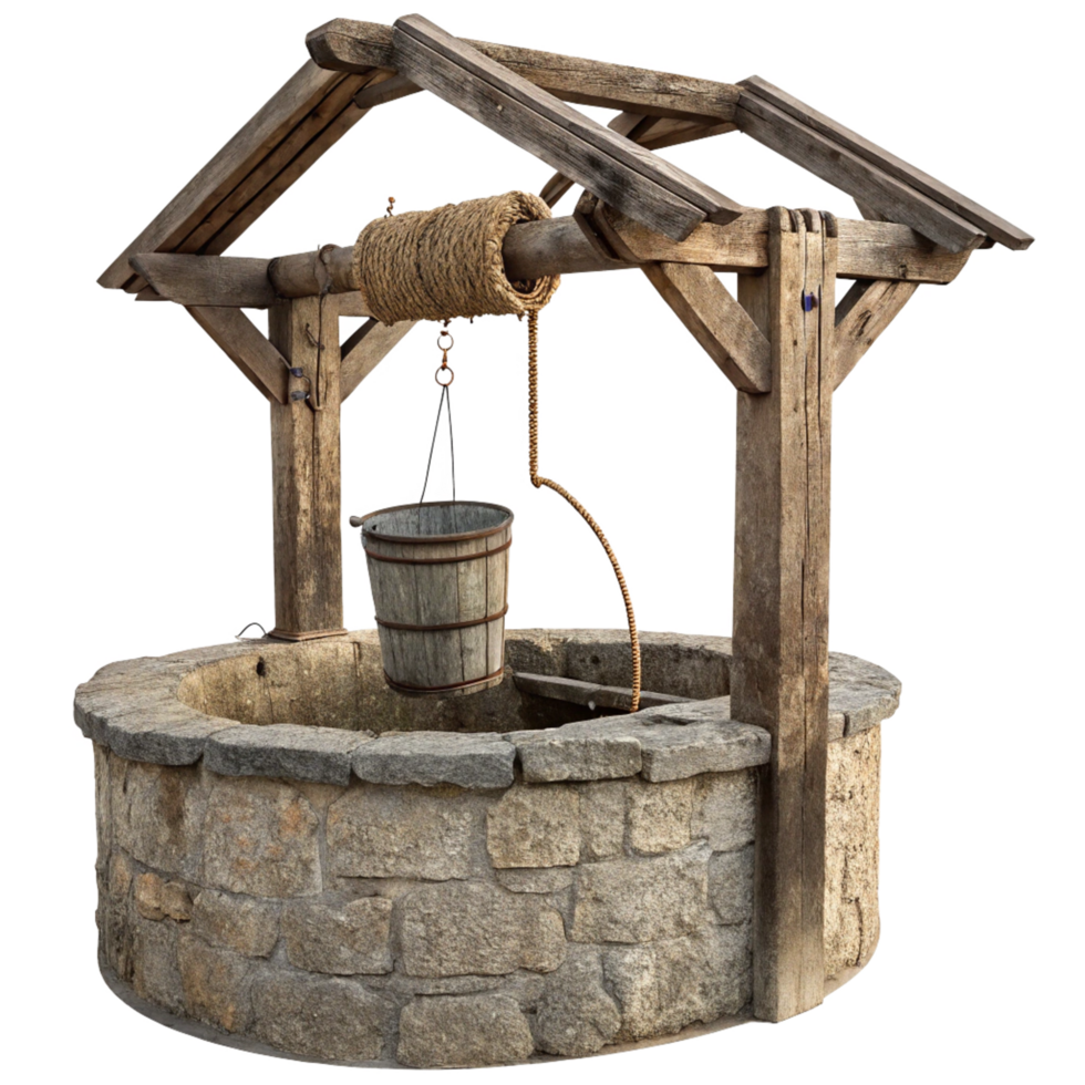 Rustic Old Fashioned Stone and Wood Wishing Well with Bucket png