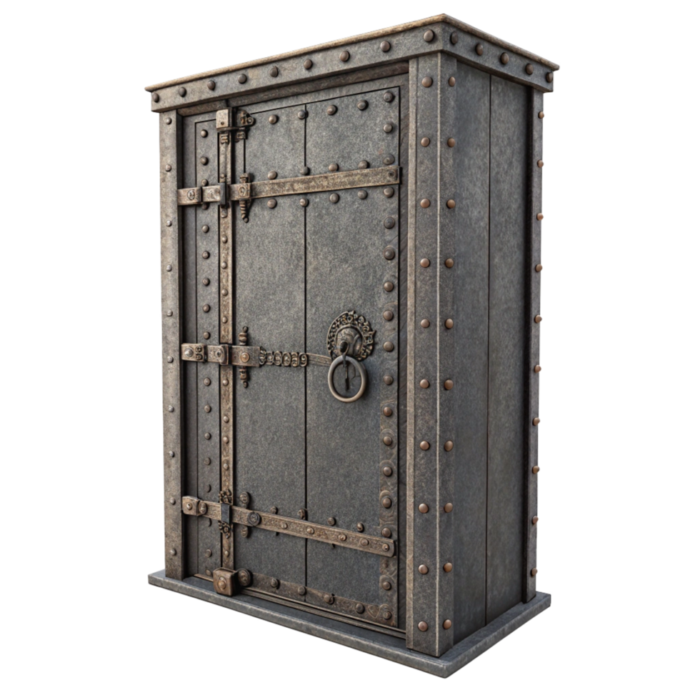 A Sturdy MedievalStyle Metal Cabinet with Ornate Door and Rivets png