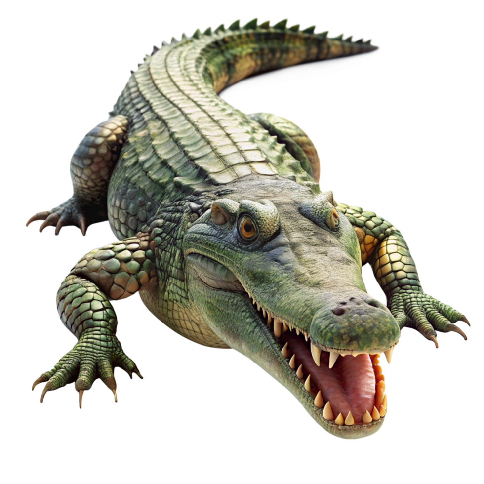 A detailed 3D rendering of a massive green crocodile with sharp teeth and textured skin png