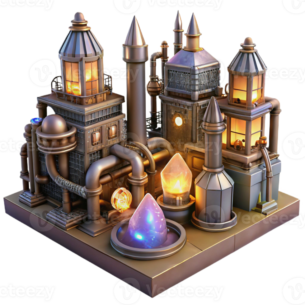 wonderful traditional A steampunk cityscape with towering clockwork buildings and interconnected pipelines, illuminated by the warm glow of streetlamps powered by glowing crystals premium png