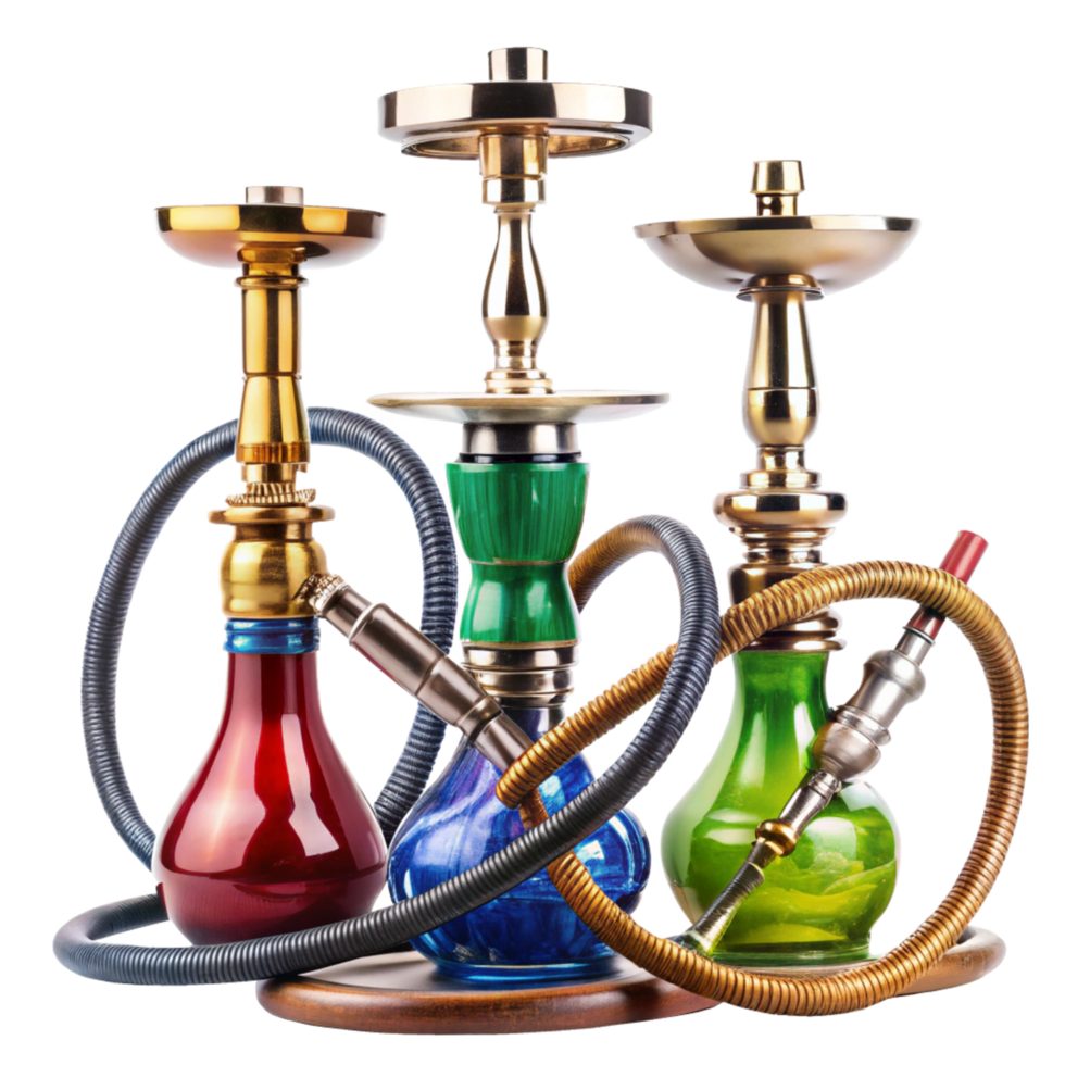 Three Elegant Hookahs with Colorful Glass Bases and Gold Accents png