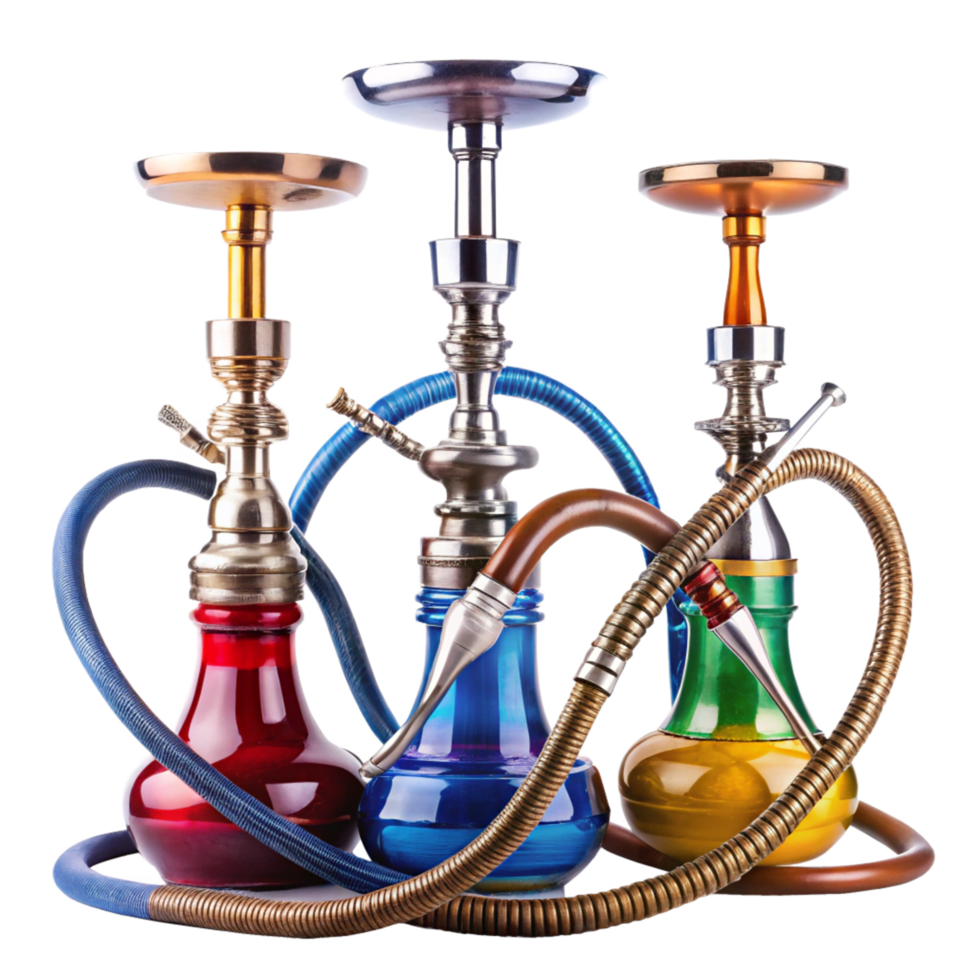 Three Elegant Hookahs with Colorful Glass Bases and Metal Accents png