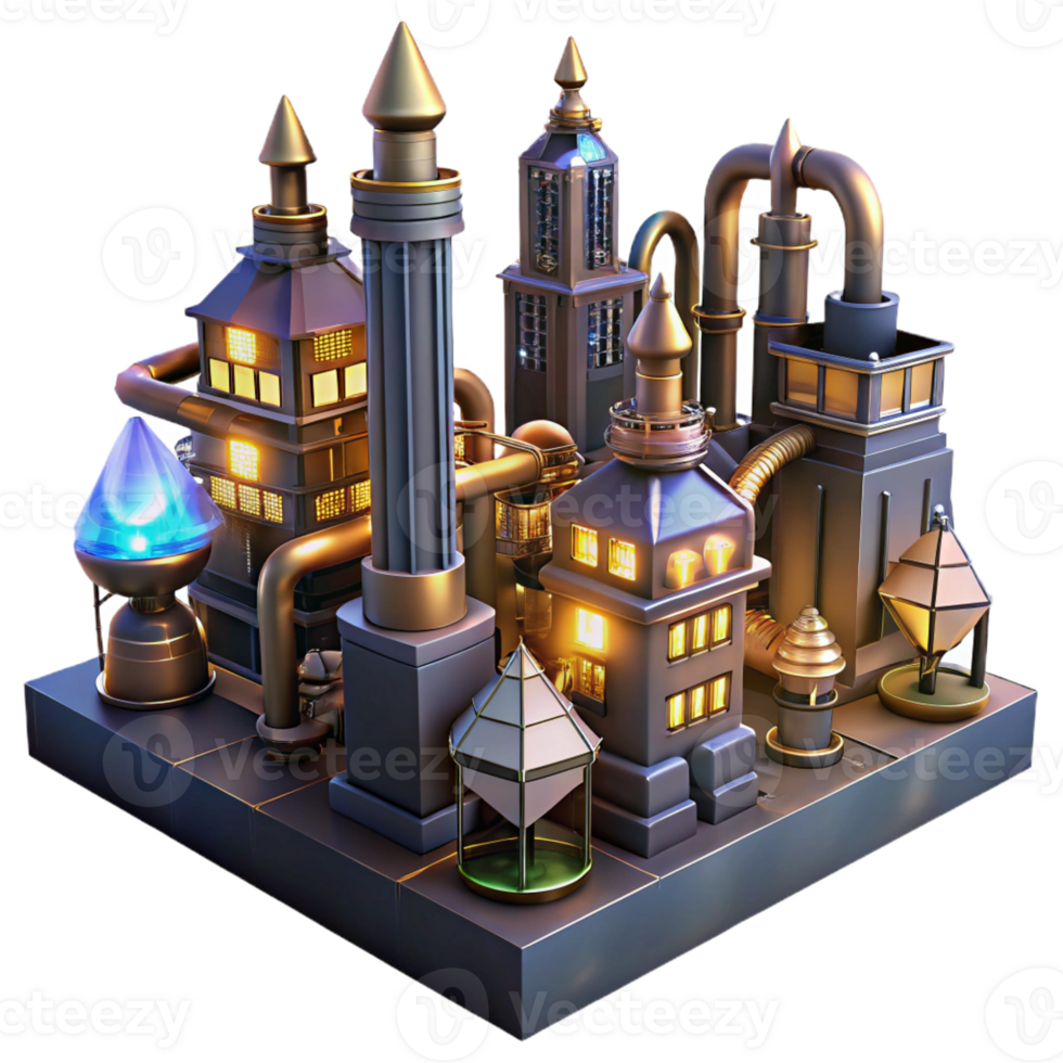 dramatic abstract A steampunk cityscape with towering clockwork buildings and interconnected pipelines, illuminated by the warm glow of streetlamps powered by glowing crystals exclusive png