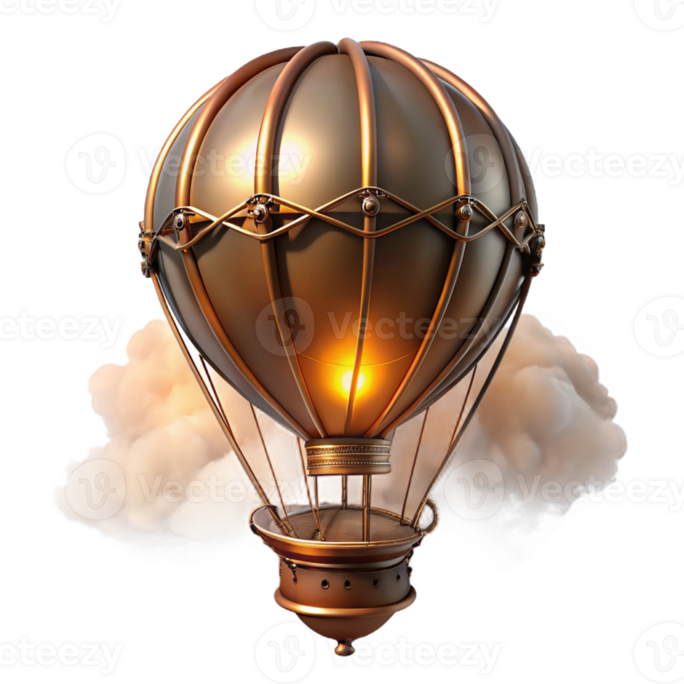 vibrant classic A steampunk hot air balloon with a brass and copper gondola, floating against a backdrop of swirling clouds, illuminated by the golden rays of a setting sun detailed png
