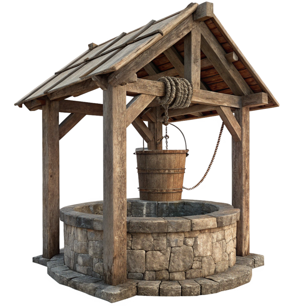 Rustic Wooden Well with Stone Construction and Rope Bucket png
