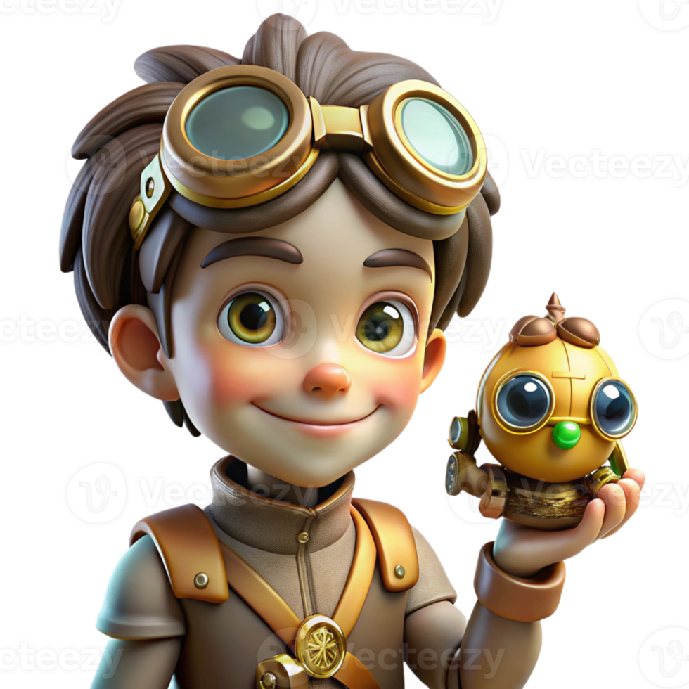 stunning creative A portrait of a steampunk child with oversized goggles and a mischievous grin, holding a miniature robotic companion, lit by a soft, playful light high resolution png
