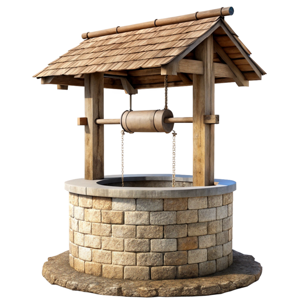A 3D Render of a Rustic Wooden and Stone Wishing Well with a Shingle Roof png