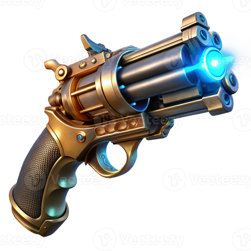 wonderful abstract A steampunk pistol with ornate engravings and glowing energy conduits, held in a gloved hand, lit by a dramatic, chiaroscuro light detailed png
