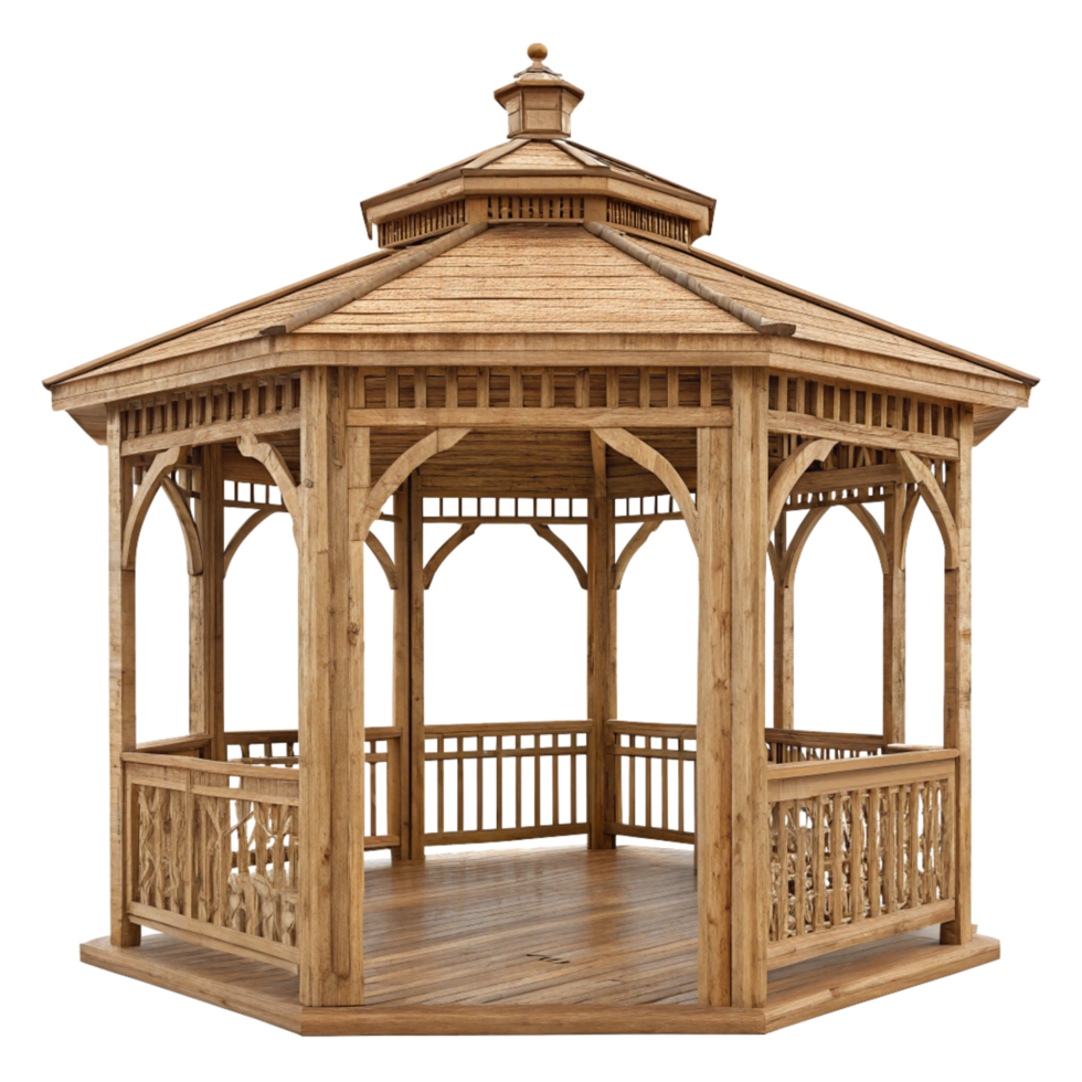 Octagonal Wooden Gazebo with intricate details and a natural wood finish png