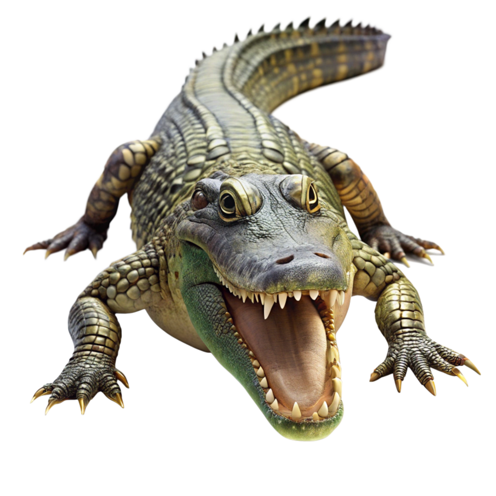 A detailed closeup of a ferocious alligator displaying its sharp teeth and powerful claws png
