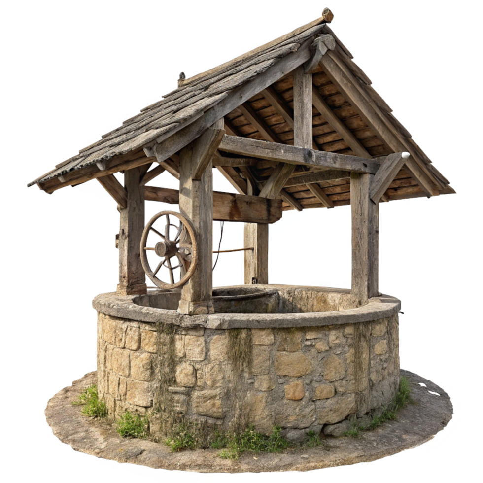 Ancient Stone Well with Wooden AFrame Structure and Wheel png