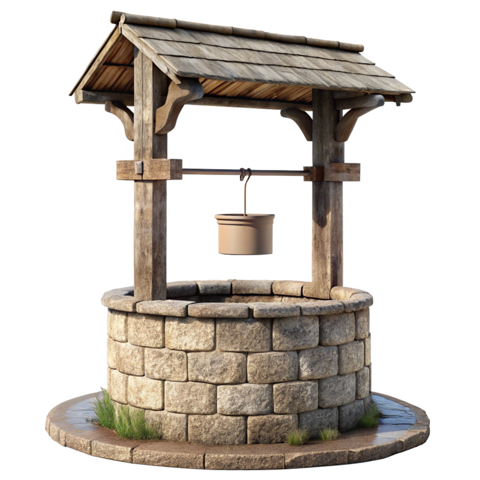 A Rustic Stone Well with Wooden Cover and Bucket png
