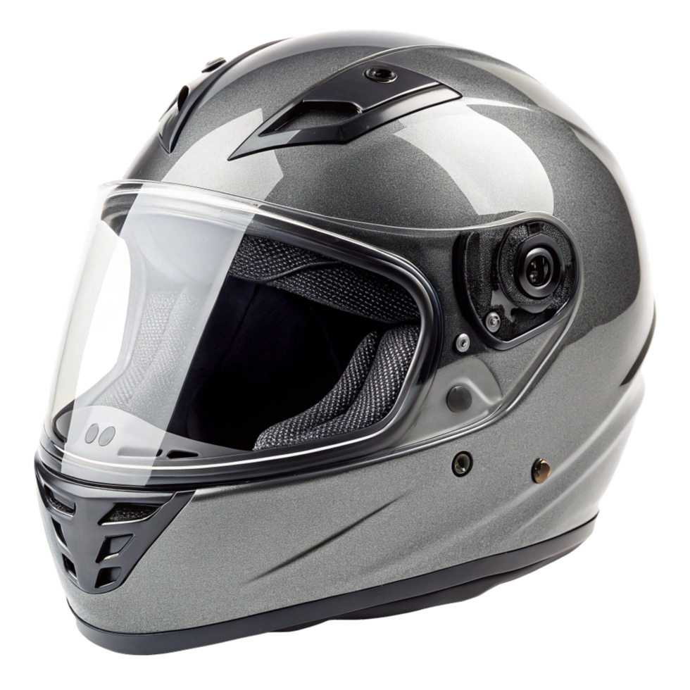 Sleek Gray Motorcycle Helmet with Clear Visor and Protective Features png