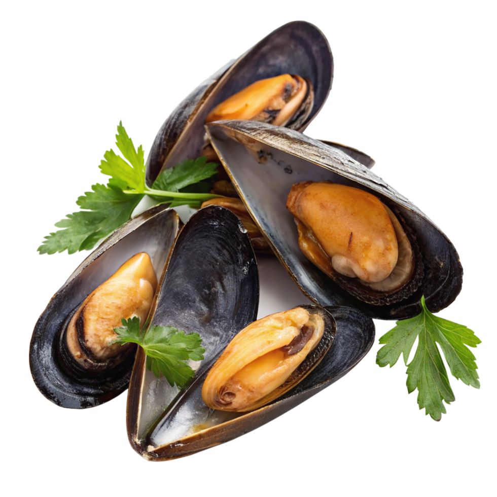 Closeup of Steamed Mussels with Fresh Parsley Garnish png
