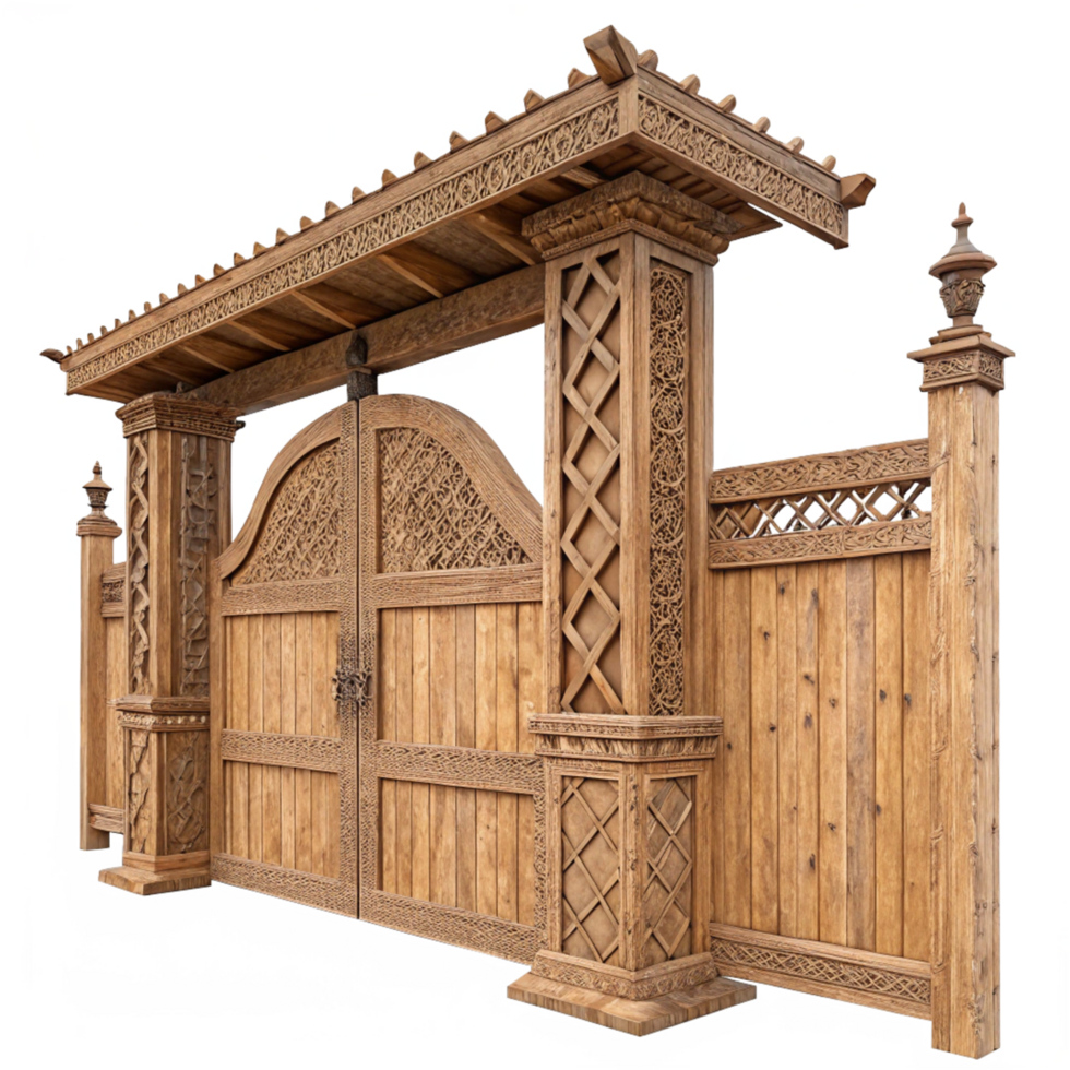 Wooden Gate with Intricate Carvings and Architectural Details png