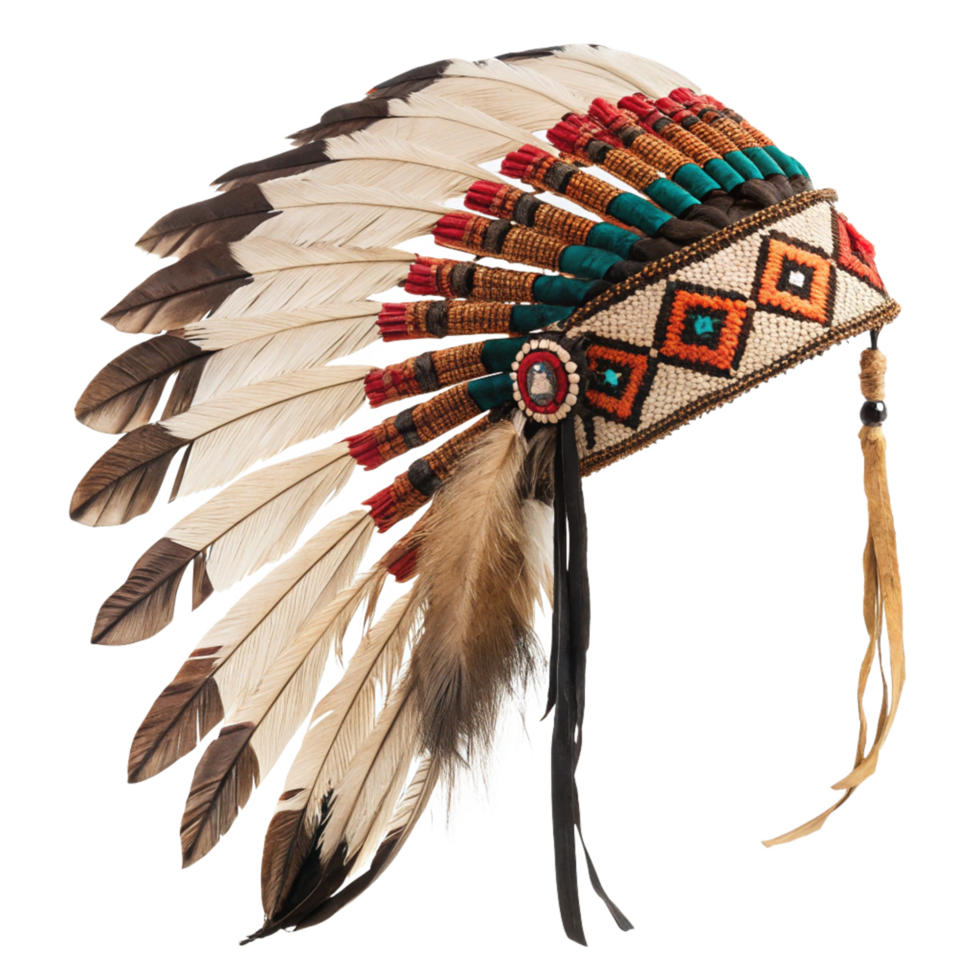 Authentic Native American Headdress with Colorful Beads Feathers png