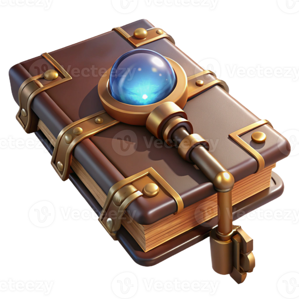 wonderful abstract A steampunk key with ornate engravings and a glowing crystal head, resting on a worn leather-bound book, lit by a soft, antique light exclusive png