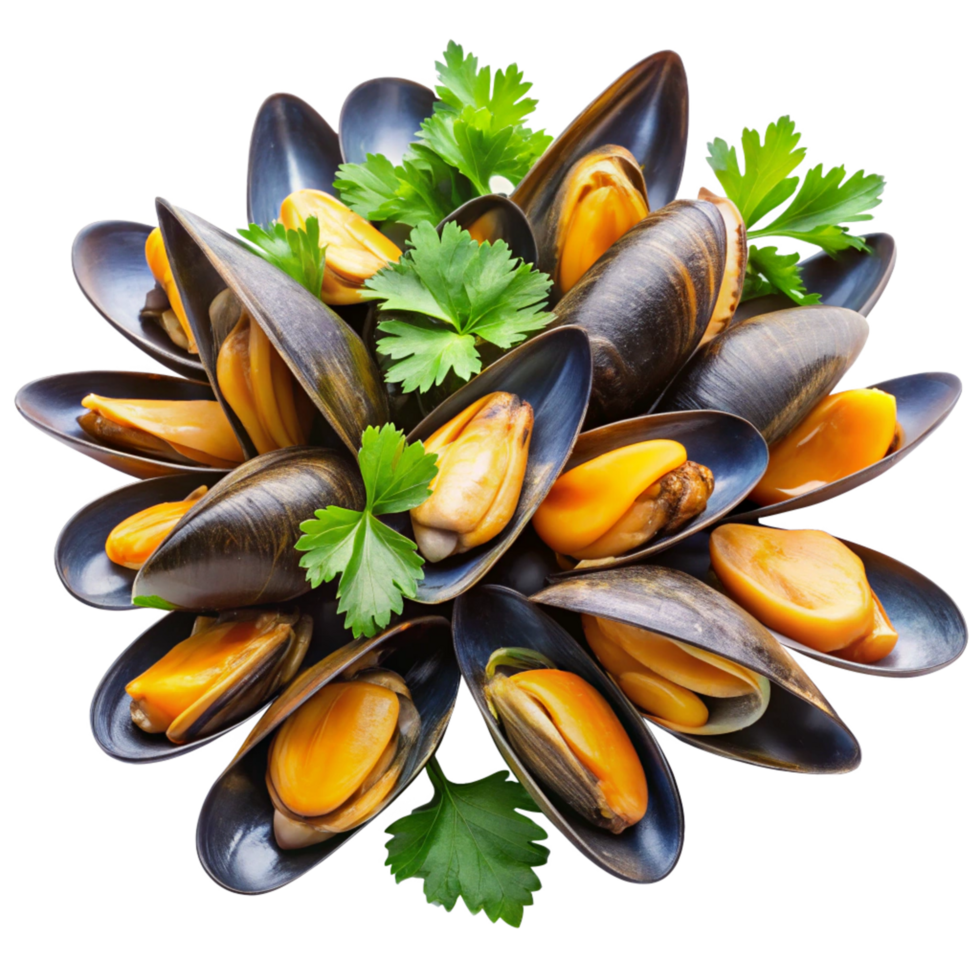 A Delicious Plate of Steamed Mussels with Fresh Parsley Garnish png